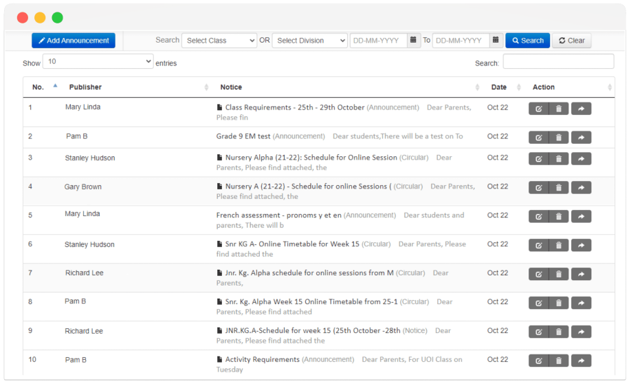 sending announcements on EduCloud school ERP
